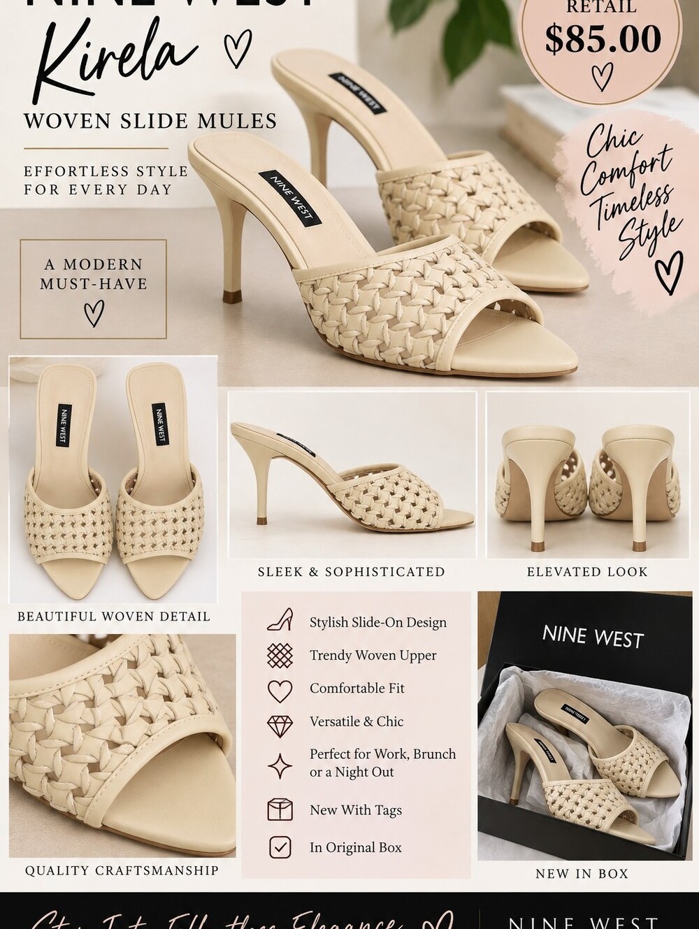 NIB Nine West Cream Woven Slide-On Mules